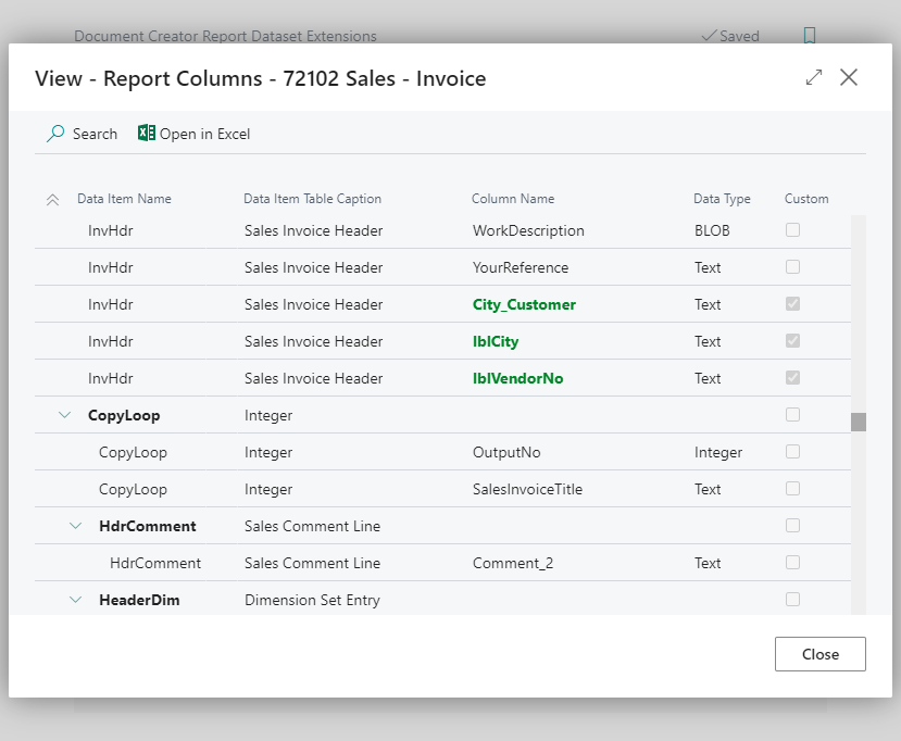 View Columns in Document Creator